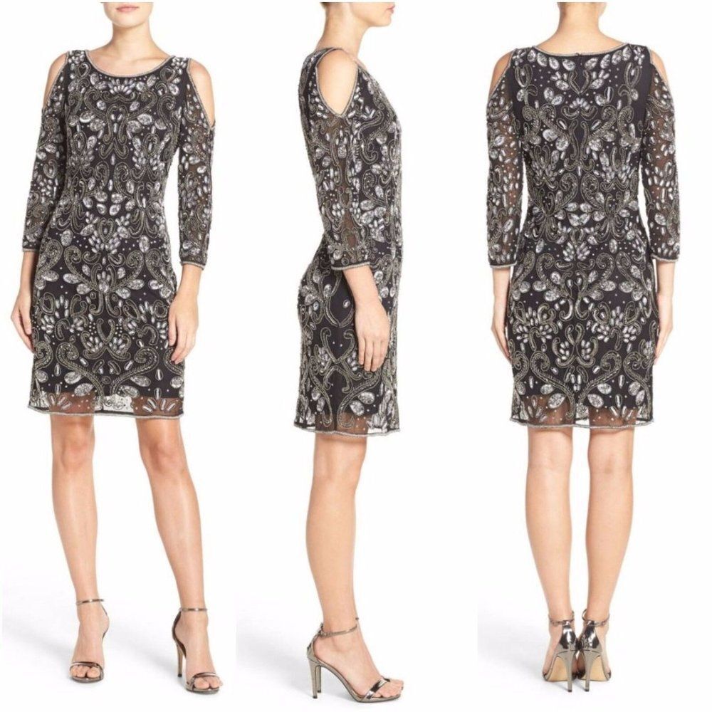 Pisarro Nights | Beaded Cold Shoulder Sheath Cocktail Dress - size 6P